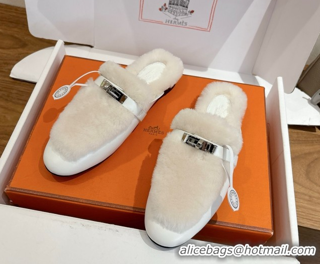 Good Quality Hermes Oz Flat Loafers in Calfskin and Wool with Kelly Buckle White 1023007