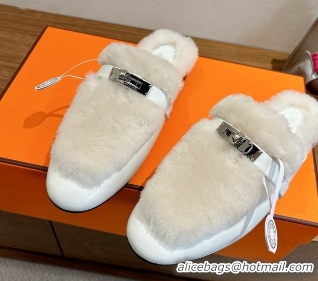 Good Quality Hermes Oz Flat Loafers in Calfskin and Wool with Kelly Buckle White 1023007