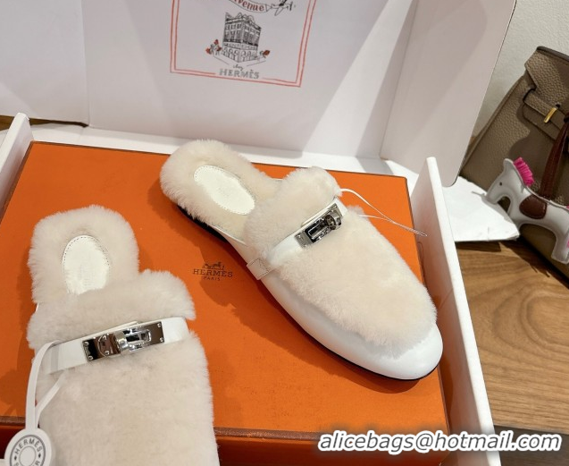 Good Quality Hermes Oz Flat Loafers in Calfskin and Wool with Kelly Buckle White 1023007