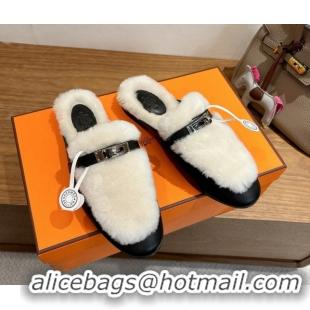 Good Quality Hermes Oz Flat Loafers in Calfskin and Wool with Kelly Buckle Black 1023008