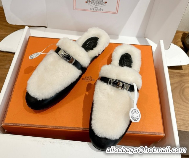 Good Quality Hermes Oz Flat Loafers in Calfskin and Wool with Kelly Buckle Black 1023008