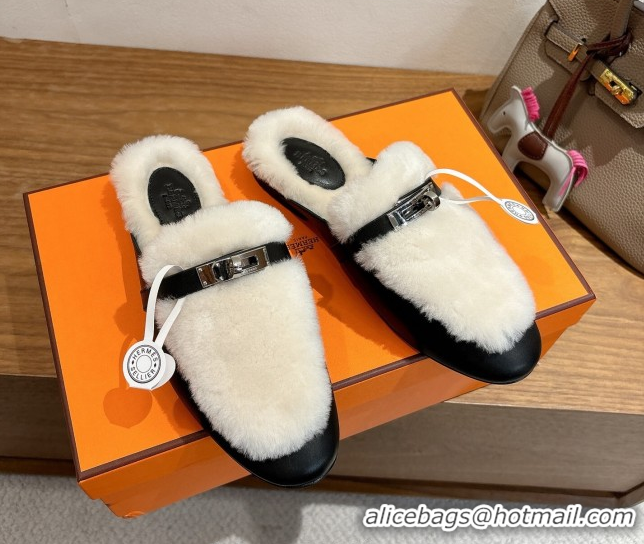 Good Quality Hermes Oz Flat Loafers in Calfskin and Wool with Kelly Buckle Black 1023008