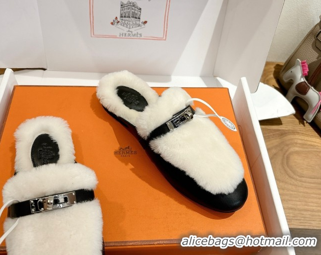 Good Quality Hermes Oz Flat Loafers in Calfskin and Wool with Kelly Buckle Black 1023008