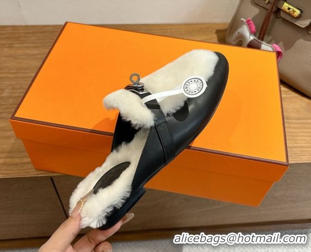 Good Quality Hermes Oz Flat Loafers in Calfskin and Wool with Kelly Buckle Black 1023008