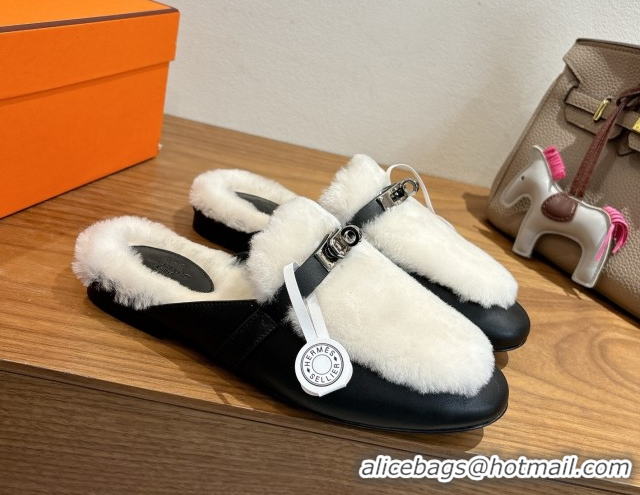 Good Quality Hermes Oz Flat Loafers in Calfskin and Wool with Kelly Buckle Black 1023008