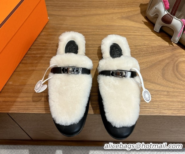 Good Quality Hermes Oz Flat Loafers in Calfskin and Wool with Kelly Buckle Black 1023008