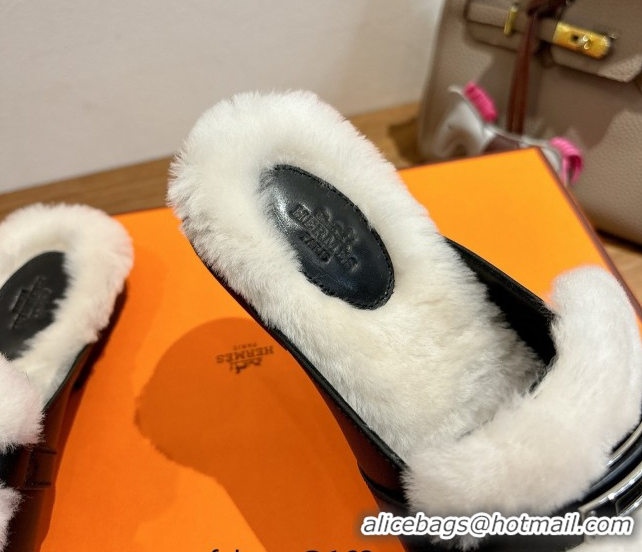 Good Quality Hermes Oz Flat Loafers in Calfskin and Wool with Kelly Buckle Black 1023008