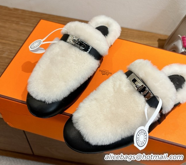 Good Quality Hermes Oz Flat Loafers in Calfskin and Wool with Kelly Buckle Black 1023008