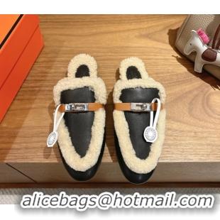 Unique Style Hermes Oz Flat Loafers in Calfskin Leather and Shearling with Kelly Buckle Black 1023009