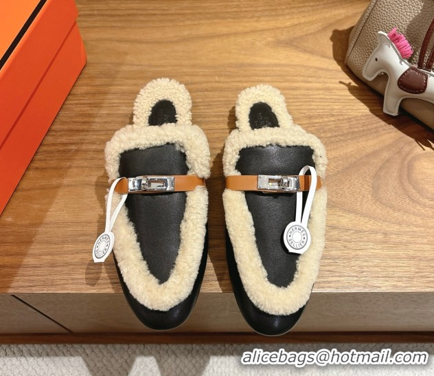 Unique Style Hermes Oz Flat Loafers in Calfskin Leather and Shearling with Kelly Buckle Black 1023009