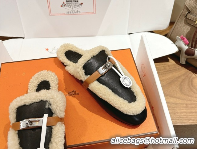 Unique Style Hermes Oz Flat Loafers in Calfskin Leather and Shearling with Kelly Buckle Black 1023009