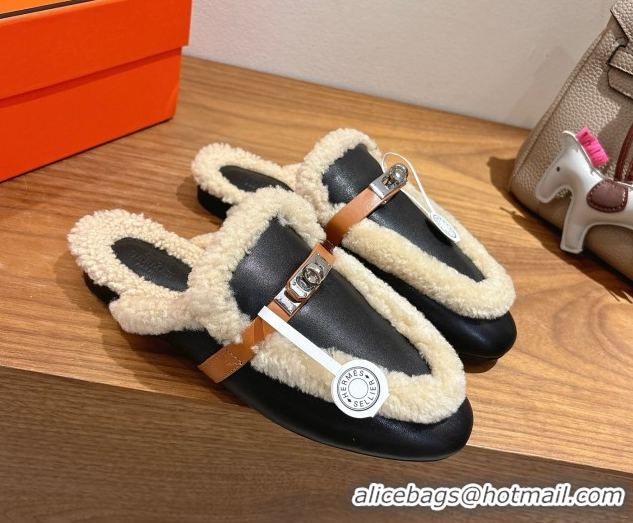 Unique Style Hermes Oz Flat Loafers in Calfskin Leather and Shearling with Kelly Buckle Black 1023009