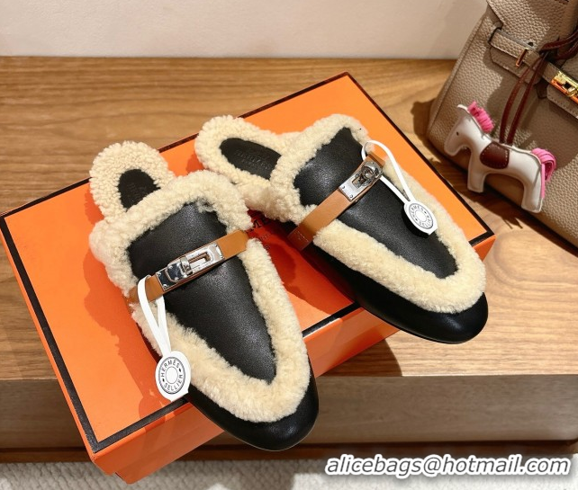 Unique Style Hermes Oz Flat Loafers in Calfskin Leather and Shearling with Kelly Buckle Black 1023009