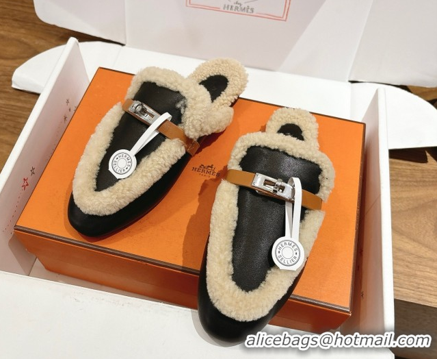Unique Style Hermes Oz Flat Loafers in Calfskin Leather and Shearling with Kelly Buckle Black 1023009