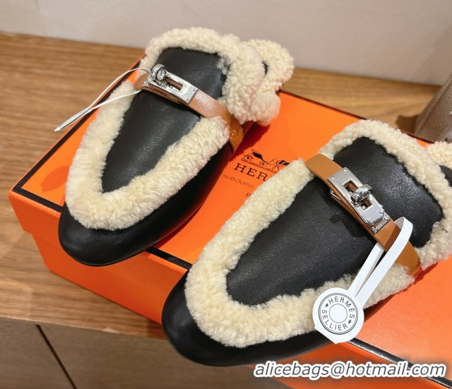 Unique Style Hermes Oz Flat Loafers in Calfskin Leather and Shearling with Kelly Buckle Black 1023009