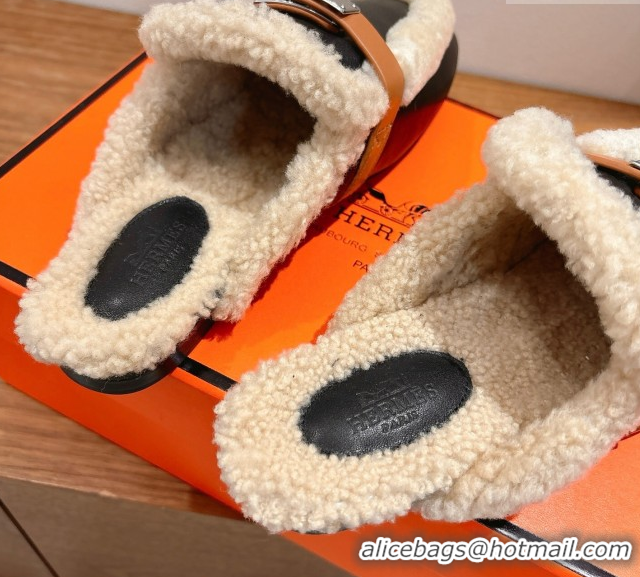 Unique Style Hermes Oz Flat Loafers in Calfskin Leather and Shearling with Kelly Buckle Black 1023009