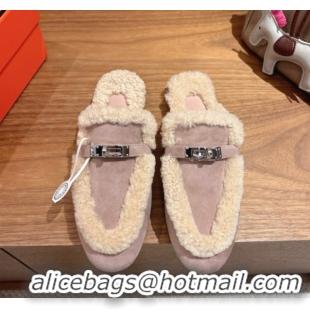 Grade Quality Hermes Oz Flat Loafers in Suede and Shearling with Kelly Buckle Purple 1023010