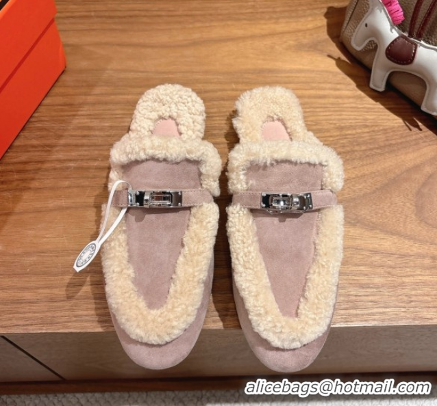Grade Quality Hermes Oz Flat Loafers in Suede and Shearling with Kelly Buckle Purple 1023010