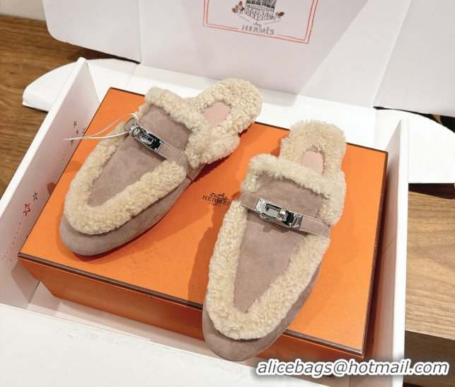 Grade Quality Hermes Oz Flat Loafers in Suede and Shearling with Kelly Buckle Purple 1023010
