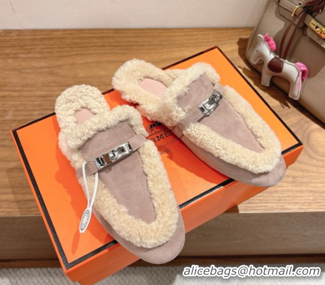 Grade Quality Hermes Oz Flat Loafers in Suede and Shearling with Kelly Buckle Purple 1023010