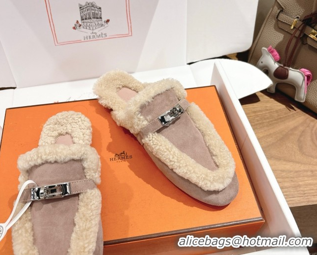 Grade Quality Hermes Oz Flat Loafers in Suede and Shearling with Kelly Buckle Purple 1023010