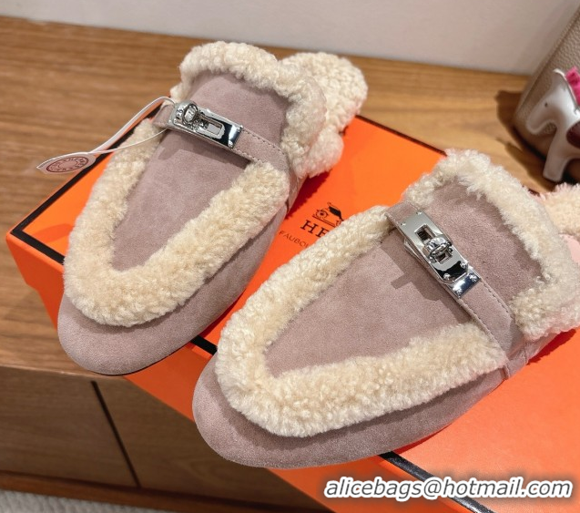 Grade Quality Hermes Oz Flat Loafers in Suede and Shearling with Kelly Buckle Purple 1023010