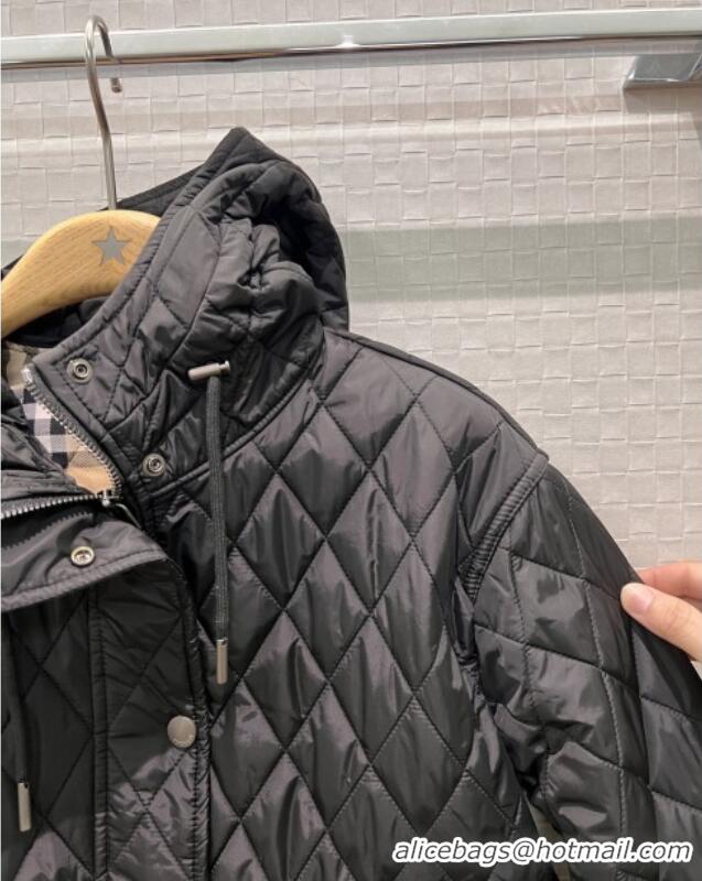 Top Design Burberry Cropped Quilted Nylon Hooded Jacket B112709 Black 2025