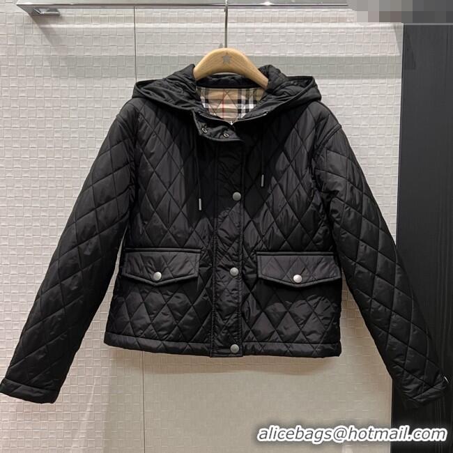 Top Design Burberry Cropped Quilted Nylon Hooded Jacket B112709 Black 2025