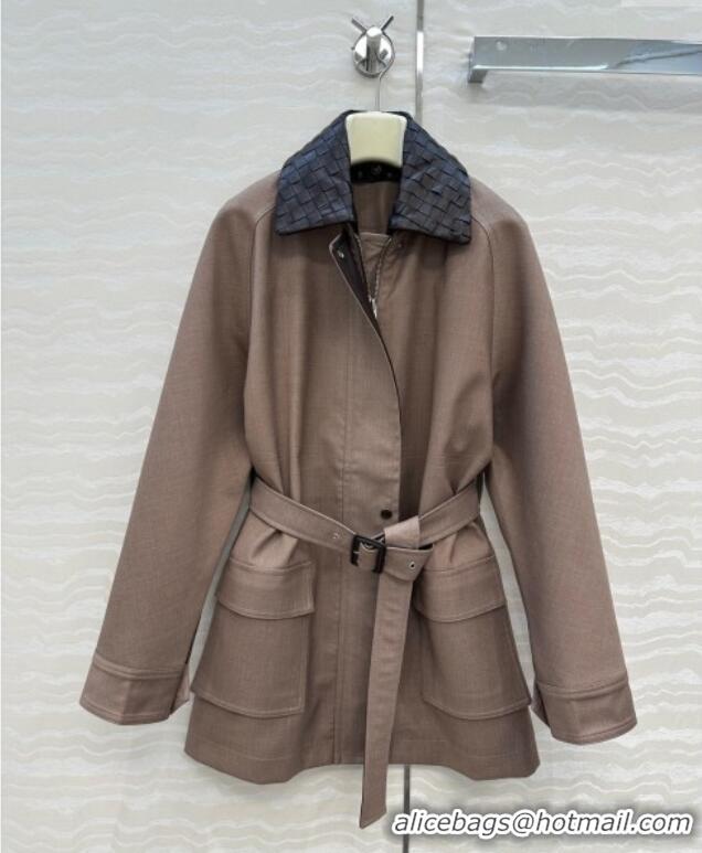 Grade Promotional Bottega Veneta Wool Blend and Lambskin Leather Coat BV120101 Brown 2025