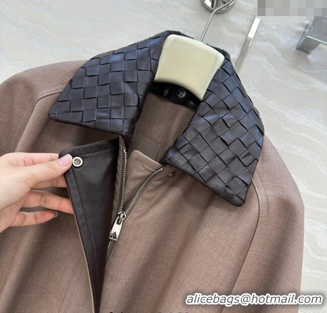Grade Promotional Bottega Veneta Wool Blend and Lambskin Leather Coat BV120101 Brown 2025
