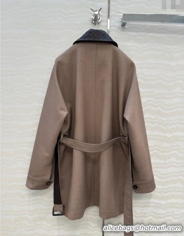 Grade Promotional Bottega Veneta Wool Blend and Lambskin Leather Coat BV120101 Brown 2025
