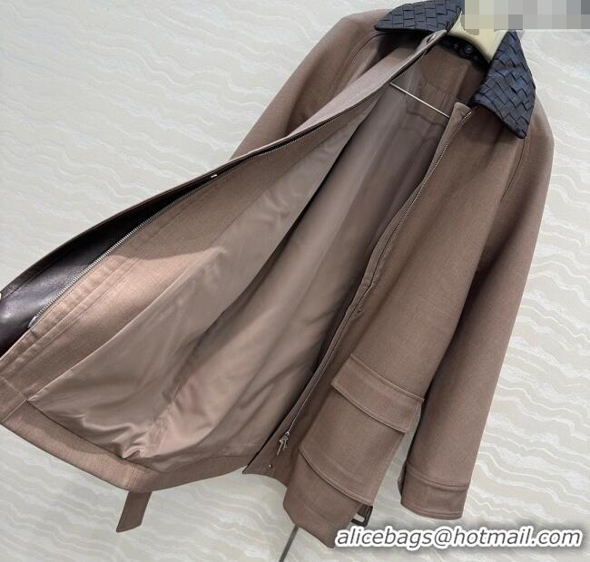 Grade Promotional Bottega Veneta Wool Blend and Lambskin Leather Coat BV120101 Brown 2025