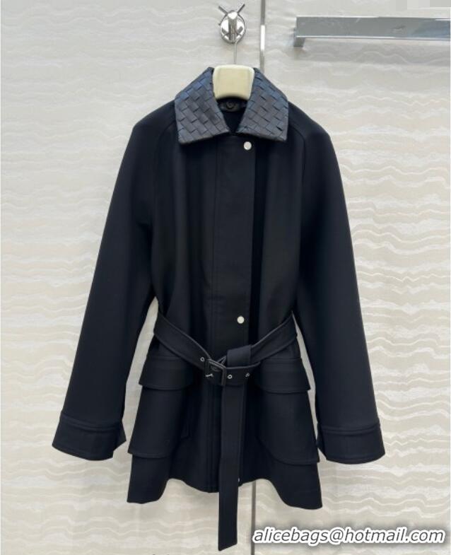 Buy Fashionable Bottega Veneta Wool Blend and Lambskin Leather Coat BV120101 Black 2025