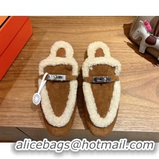 Perfect Hermes Oz Flat Loafers in Suede and Shearling with Kelly Buckle Dark Brown 1023011