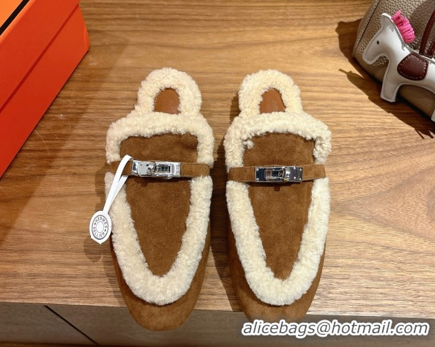 Perfect Hermes Oz Flat Loafers in Suede and Shearling with Kelly Buckle Dark Brown 1023011