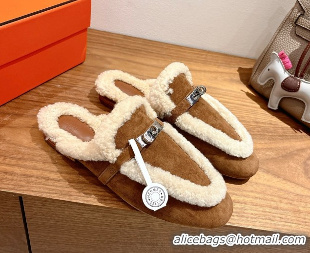 Perfect Hermes Oz Flat Loafers in Suede and Shearling with Kelly Buckle Dark Brown 1023011