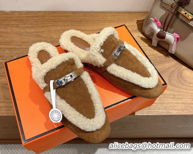 Perfect Hermes Oz Flat Loafers in Suede and Shearling with Kelly Buckle Dark Brown 1023011