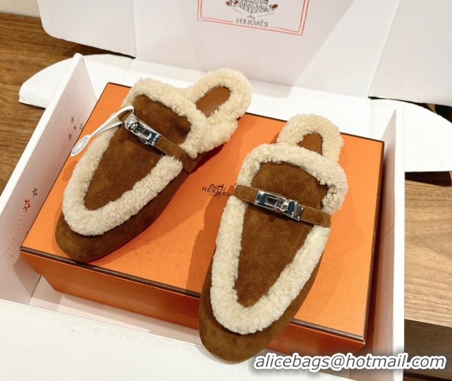 Perfect Hermes Oz Flat Loafers in Suede and Shearling with Kelly Buckle Dark Brown 1023011