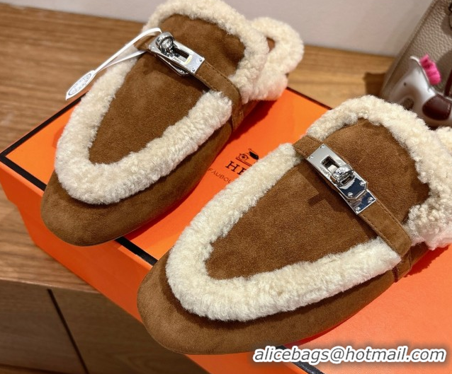 Perfect Hermes Oz Flat Loafers in Suede and Shearling with Kelly Buckle Dark Brown 1023011