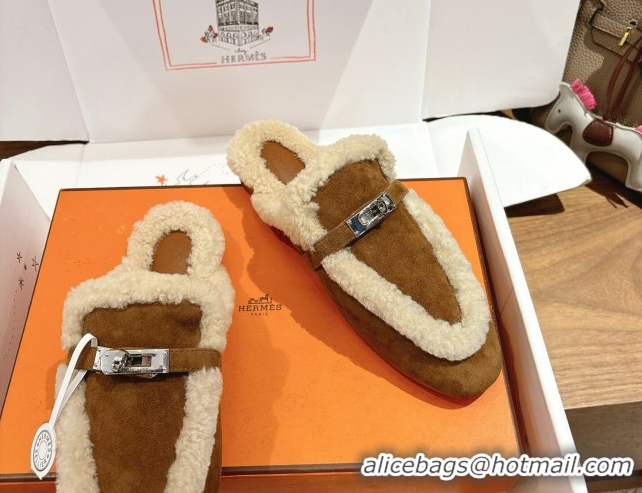 Perfect Hermes Oz Flat Loafers in Suede and Shearling with Kelly Buckle Dark Brown 1023011