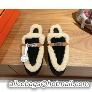 Low Price Hermes Oz Flat Loafers in Suede and Shearling with Kelly Buckle Black 1023012