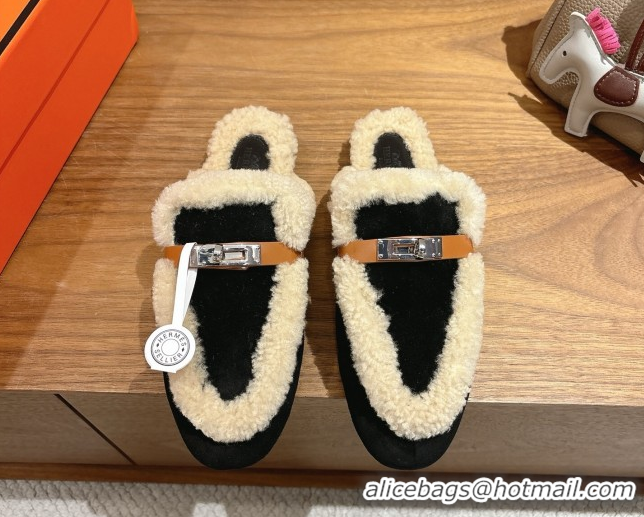 Low Price Hermes Oz Flat Loafers in Suede and Shearling with Kelly Buckle Black 1023012