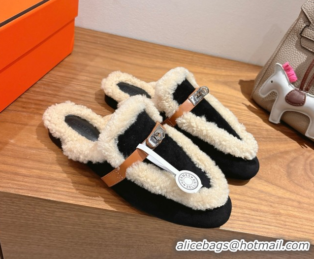 Low Price Hermes Oz Flat Loafers in Suede and Shearling with Kelly Buckle Black 1023012