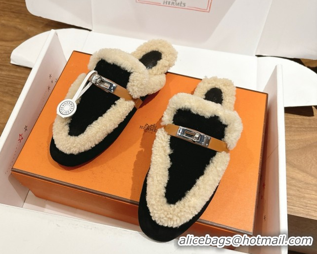 Low Price Hermes Oz Flat Loafers in Suede and Shearling with Kelly Buckle Black 1023012