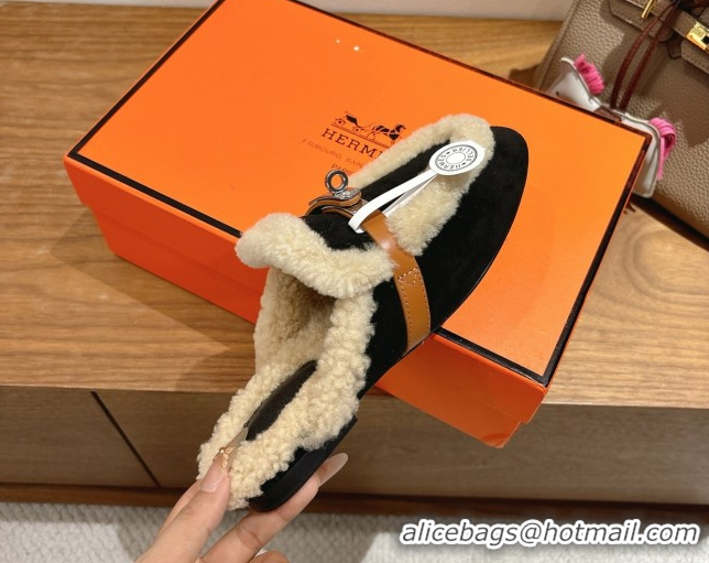 Low Price Hermes Oz Flat Loafers in Suede and Shearling with Kelly Buckle Black 1023012