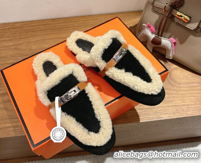 Low Price Hermes Oz Flat Loafers in Suede and Shearling with Kelly Buckle Black 1023012