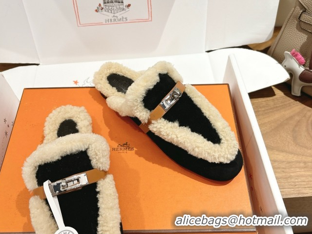 Low Price Hermes Oz Flat Loafers in Suede and Shearling with Kelly Buckle Black 1023012