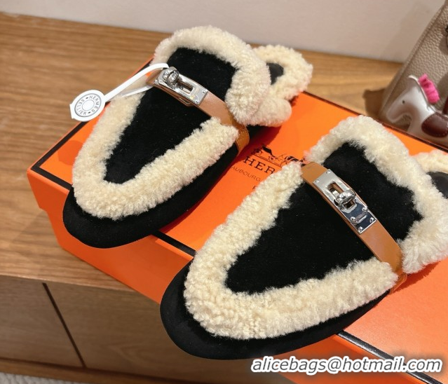 Low Price Hermes Oz Flat Loafers in Suede and Shearling with Kelly Buckle Black 1023012