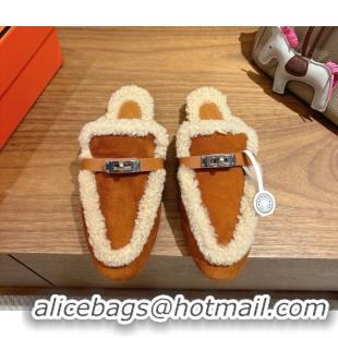 Purchase Hermes Oz Flat Loafers in Suede and Shearling with Kelly Buckle Camel Brown 1023013