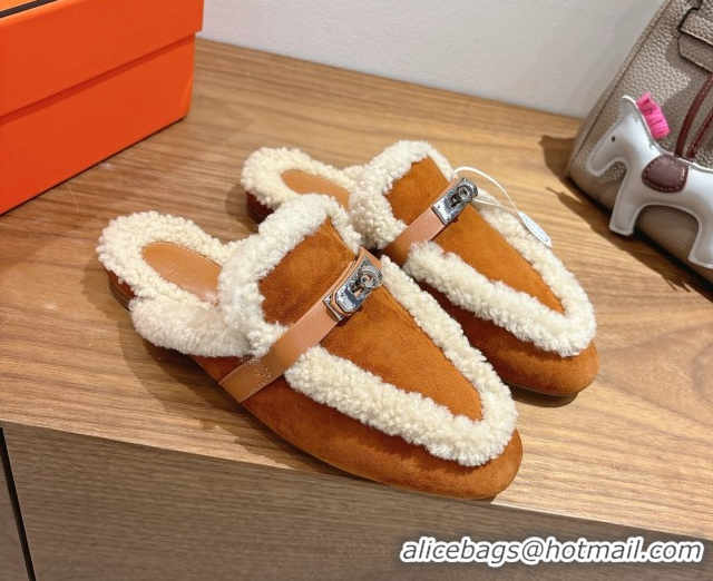 Purchase Hermes Oz Flat Loafers in Suede and Shearling with Kelly Buckle Camel Brown 1023013